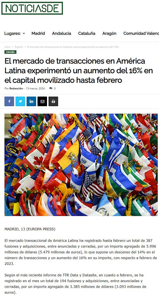 El mercado de transacciones en Amrica Latina experiment un aumento del 16% en el capital movilizado hasta febrero
